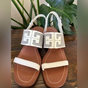 Tory Burch Lowell 2 Ivory Perforated Leather 45mm Heel Sandals US9 Hardly Used!!